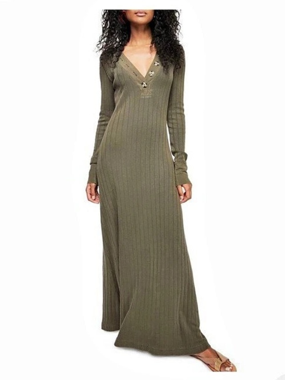 Free People Beach Sunrise Button Ribbed Maxi Dress in Army Green Size M